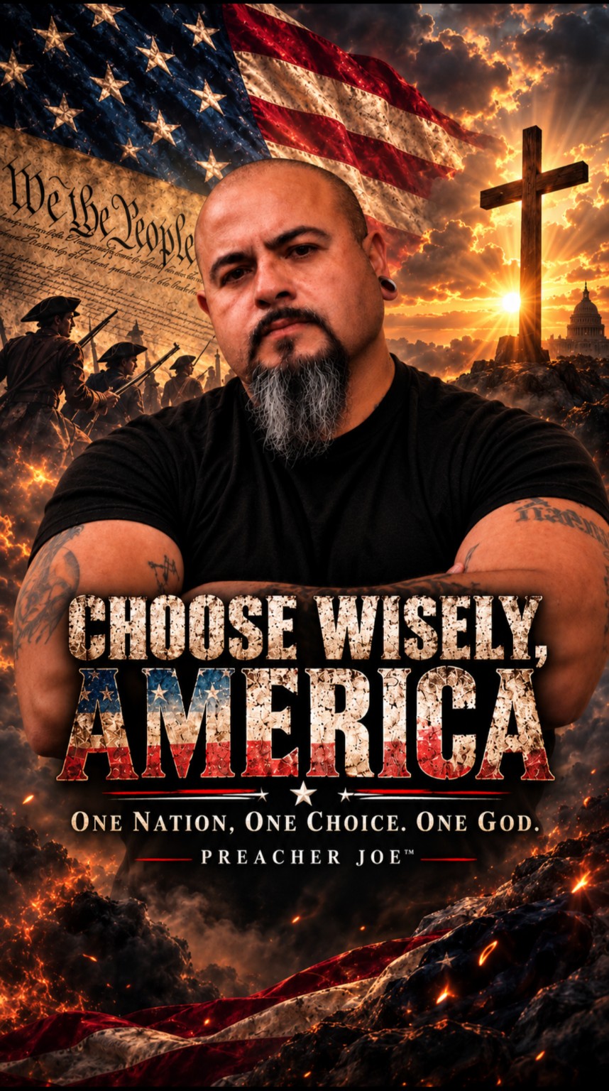 Vertical Choose Wisely, America campaign artwork featuring Preacher Joe, the American flag, the Constitution, and a cross