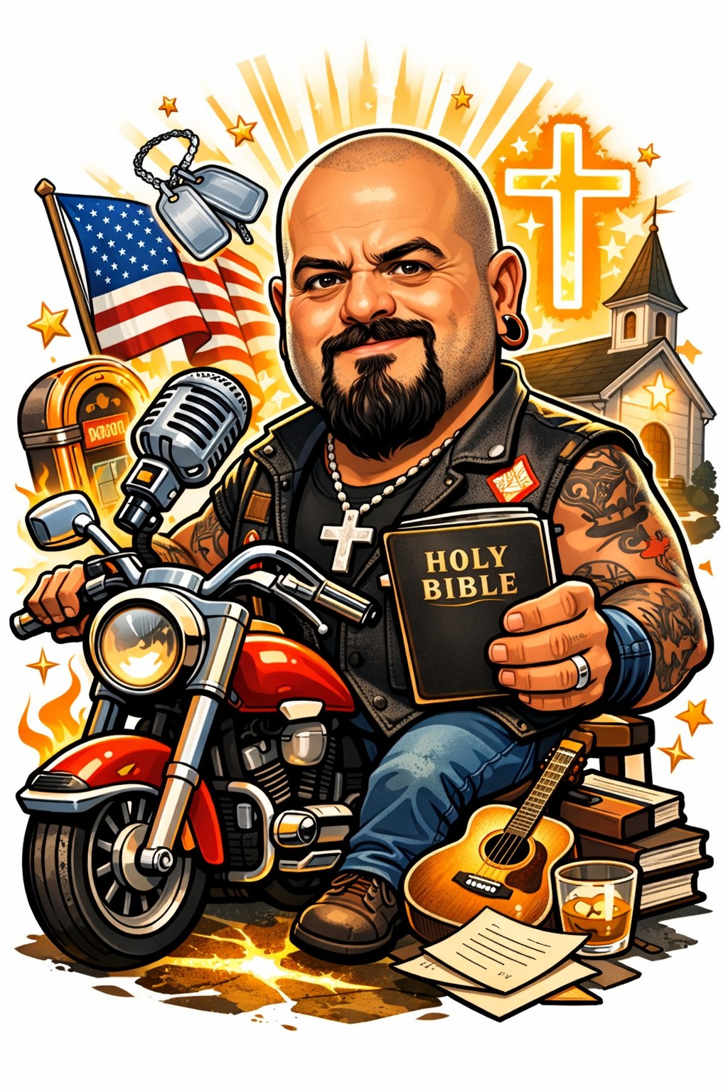 Illustrated Preacher Joe brand artwork with a motorcycle, microphone, Bible, guitar, American flag, cross, and church